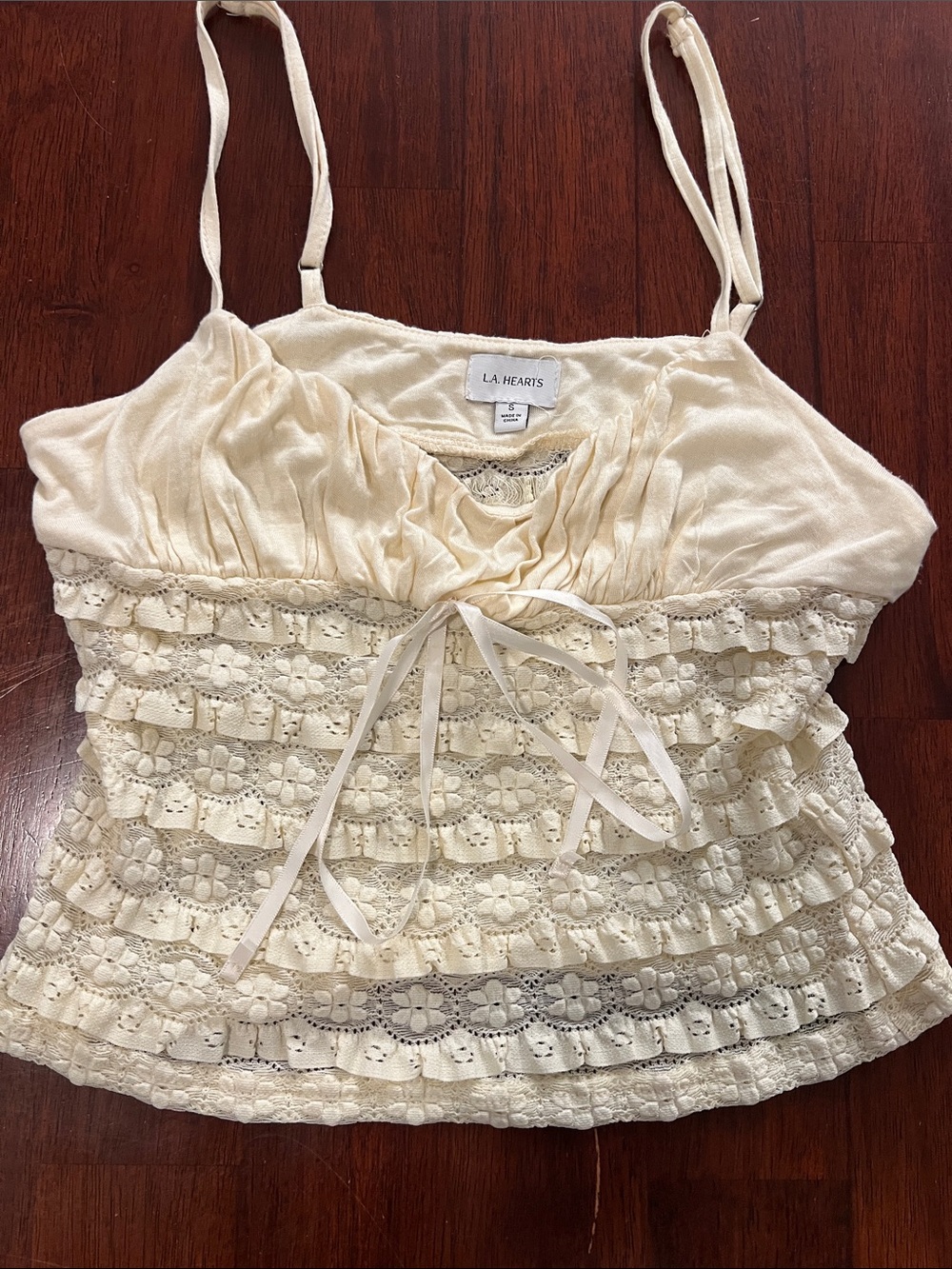 La Hearts Cream Lace Ruffle Cami with Tie Front